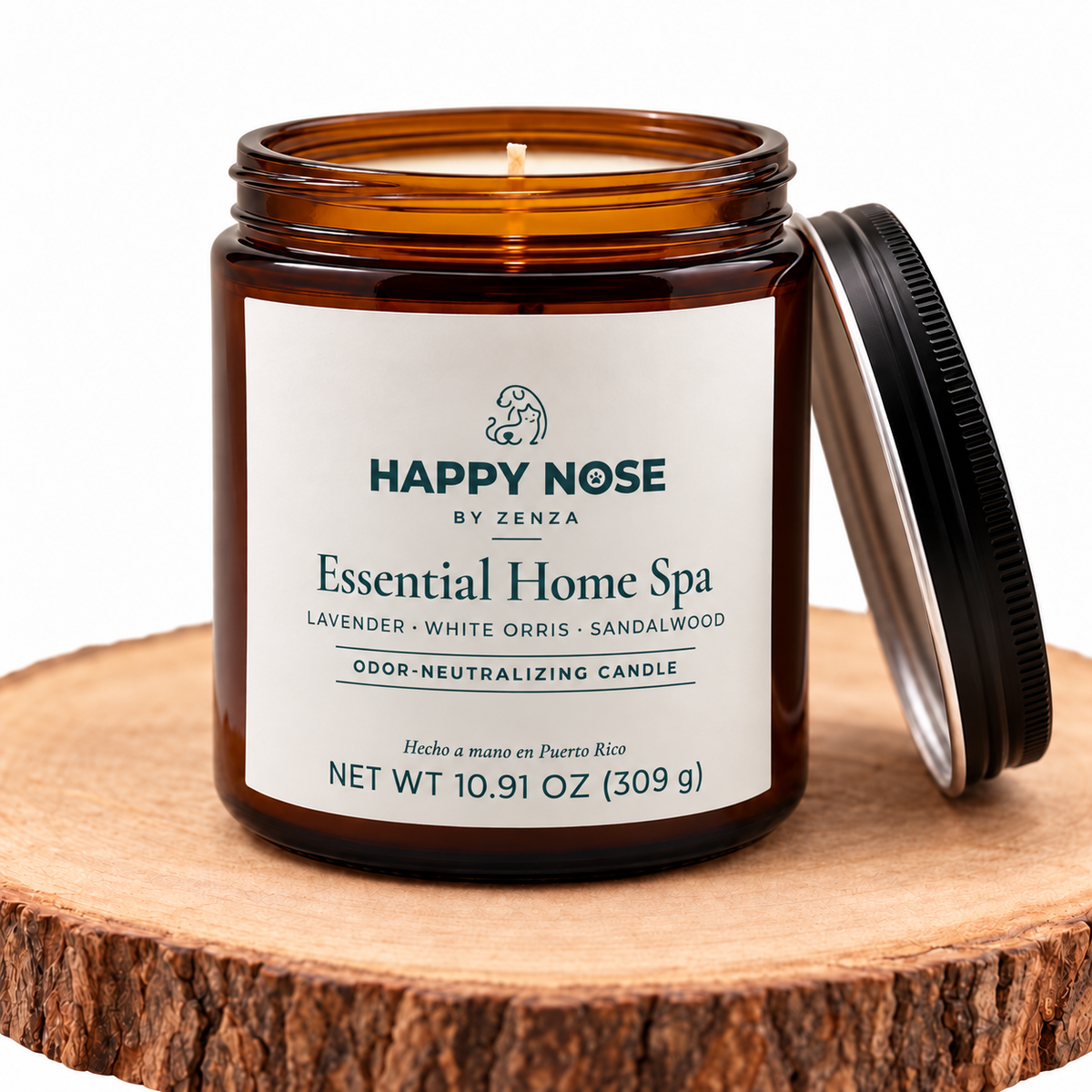 Vela Essential Home Spa de Happy Nose by ZENZA abierta sobre una base de madera