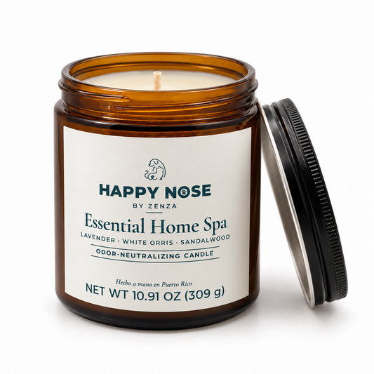 Vela Essential Home Spa de Happy Nose by ZENZA abierta con la tapa al lado