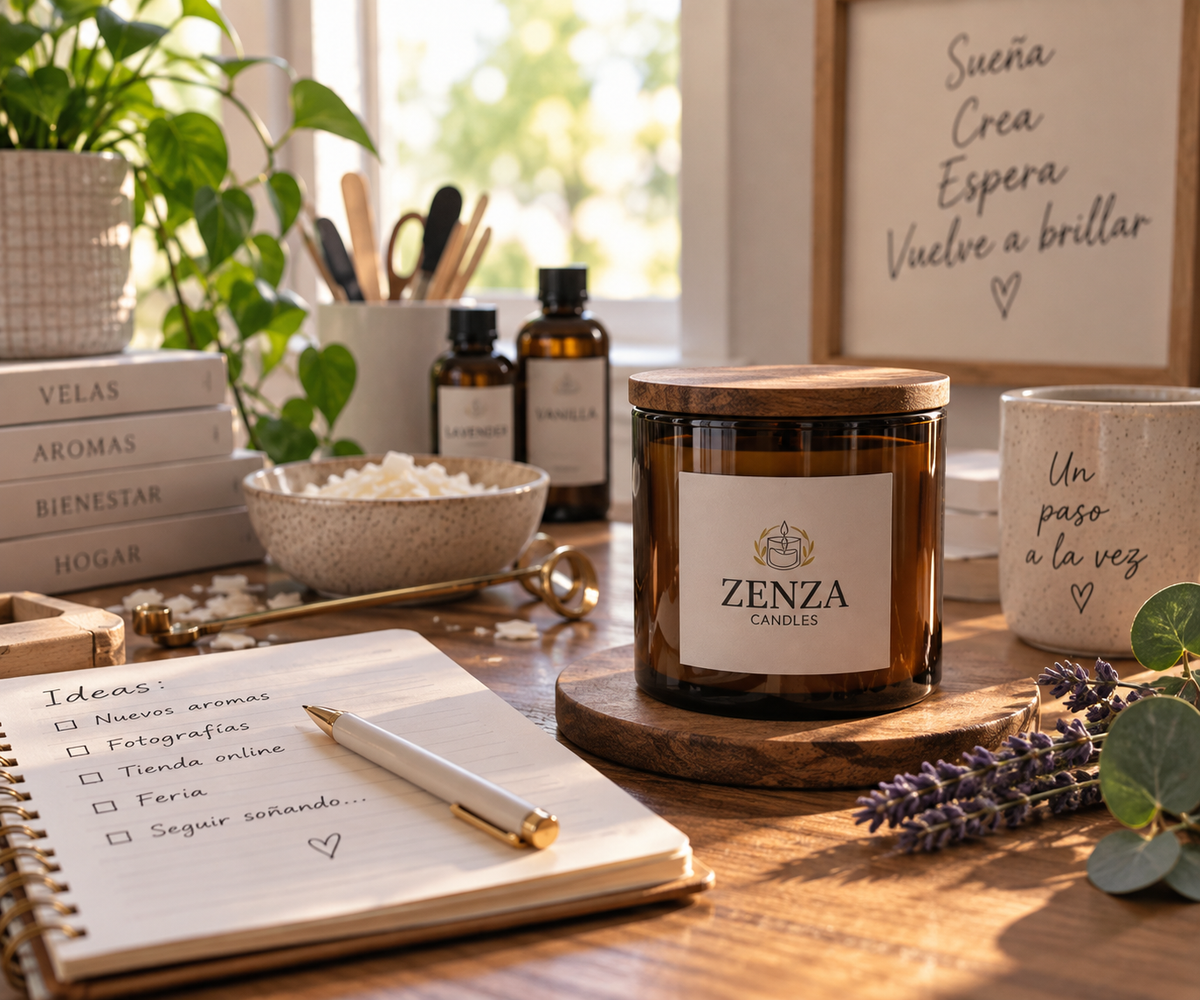 Mesa de trabajo de ZENZA con una vela artesanal, libreta de ideas y lavanda seca
