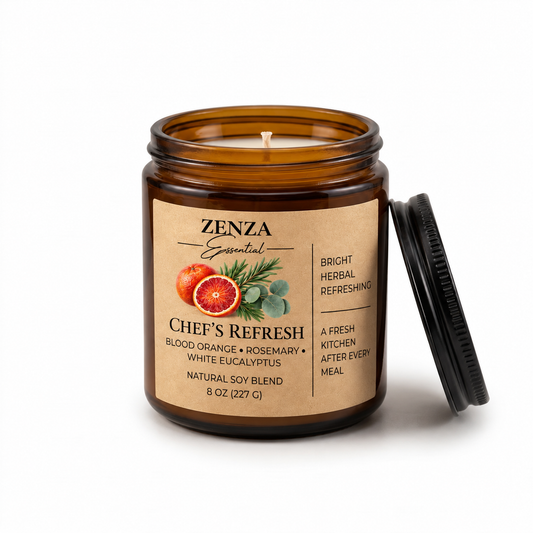 Vela Chef's Refresh de ZENZA abierta con la tapa negra al lado