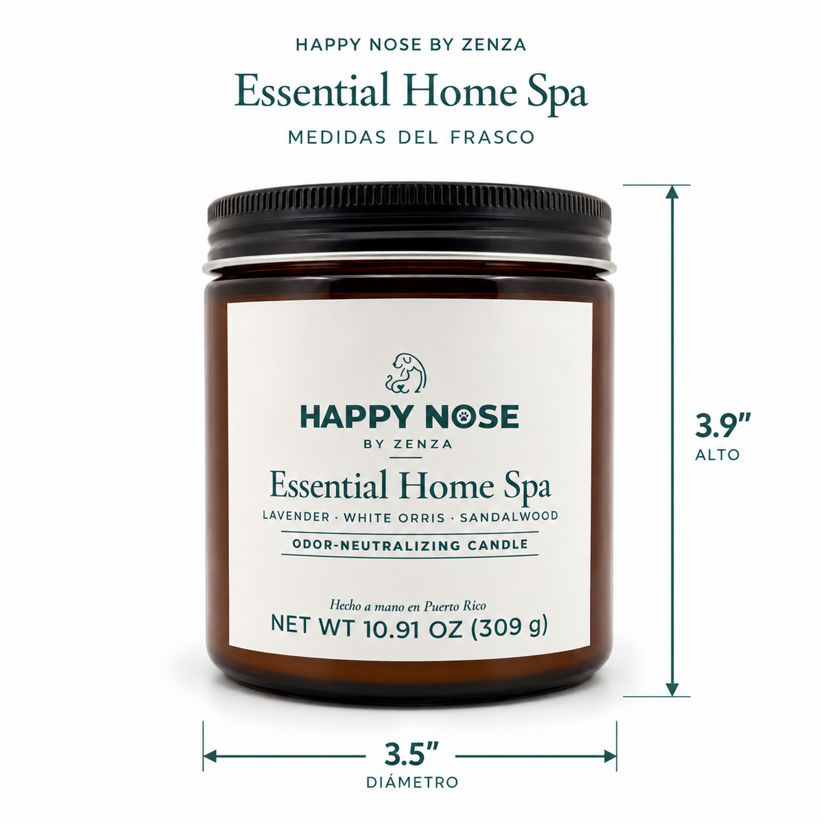 Medidas de la vela Essential Home Spa de Happy Nose: 3.9 in de alto y 3.5 in de diámetro