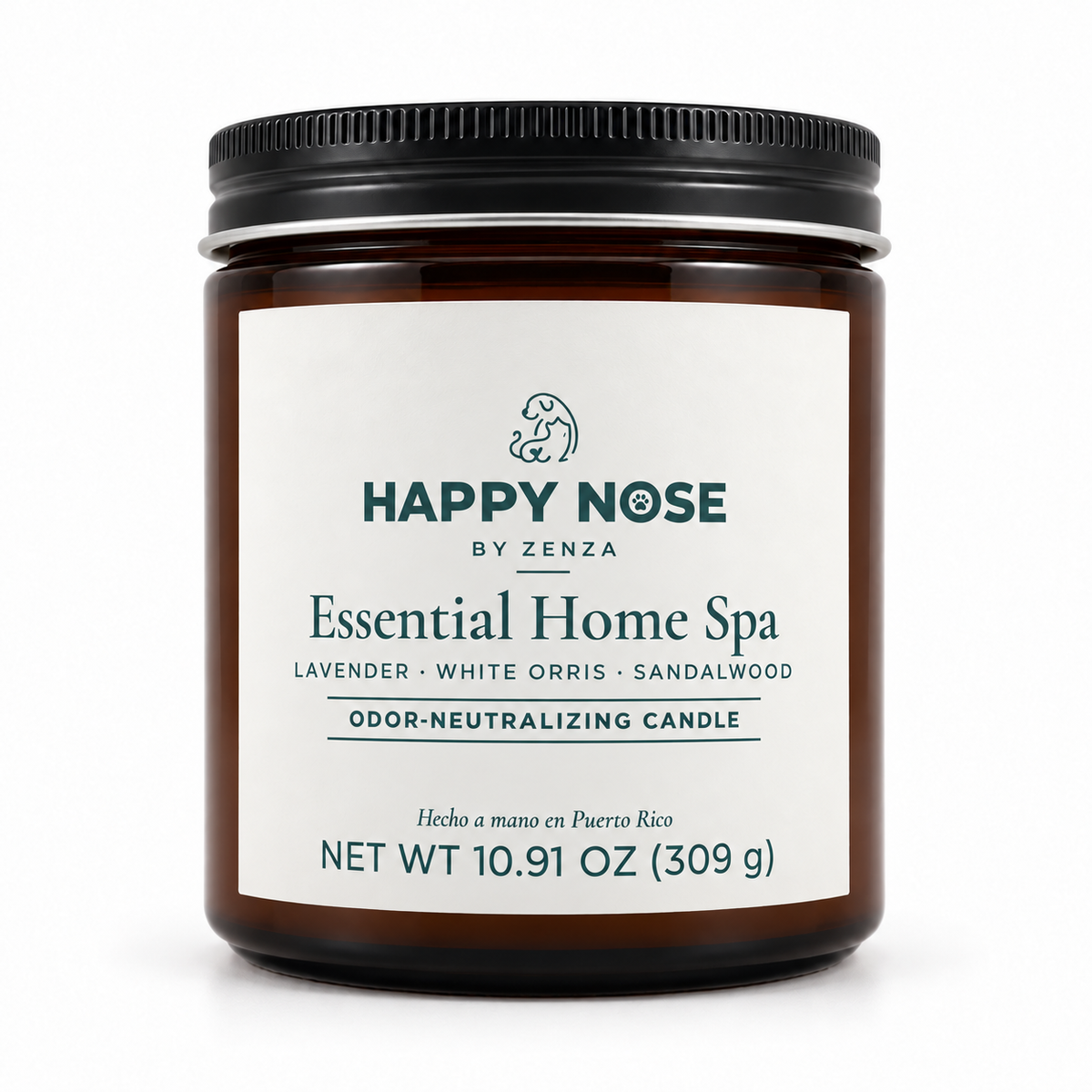 Vela Essential Home Spa de Happy Nose by ZENZA en frasco ámbar con etiqueta blanca