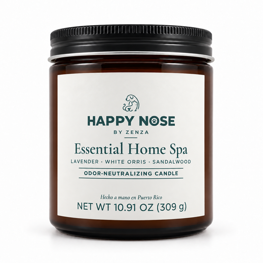 Vela Essential Home Spa de Happy Nose by ZENZA en frasco ámbar con etiqueta blanca