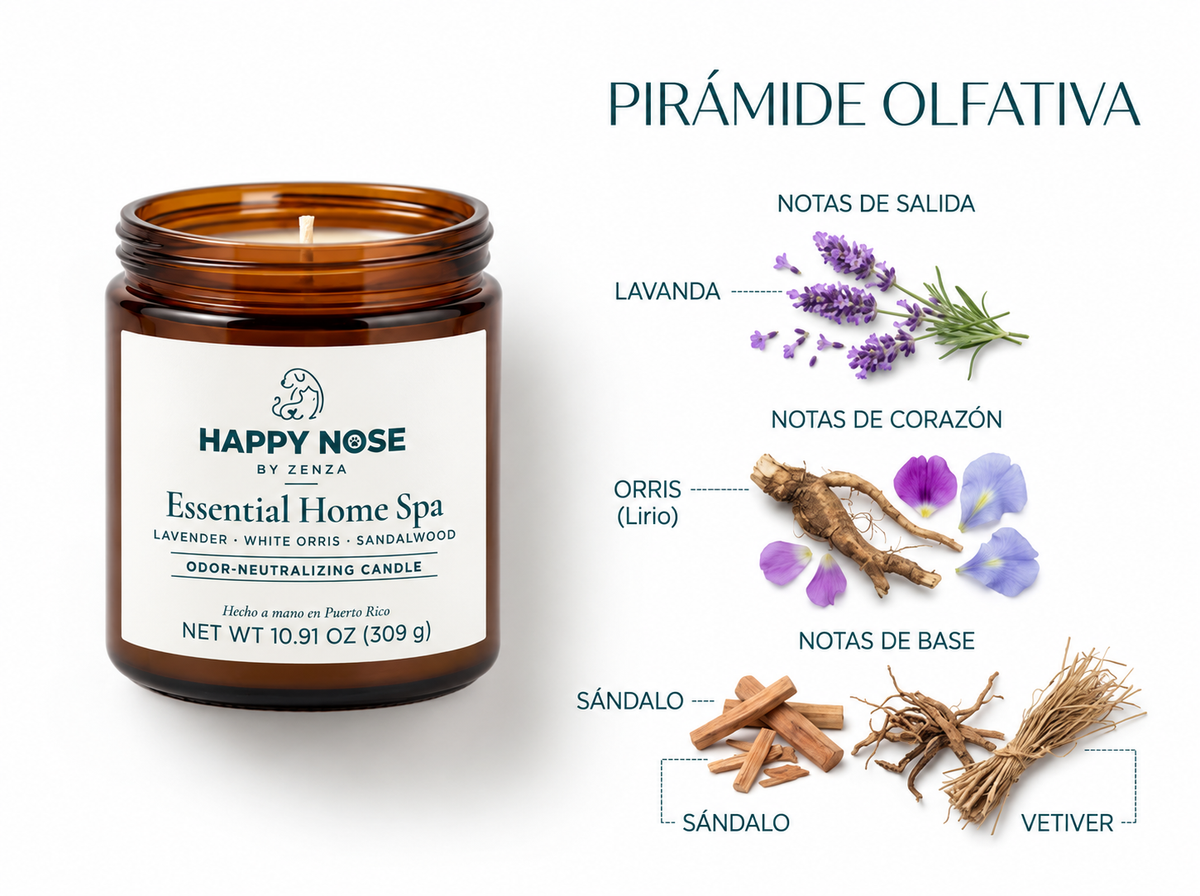 Pirámide olfativa de Essential Home Spa: lavanda, lirio (orris), sándalo y vetiver