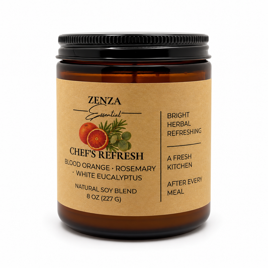 Vela Chef's Refresh de ZENZA de naranja sanguina, romero y eucalipto blanco en frasco ámbar