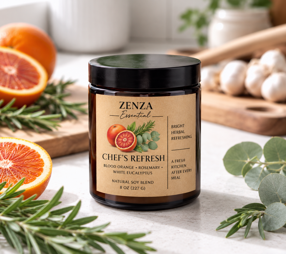 Vela Chef's Refresh de ZENZA con naranja sanguina, romero y eucalipto en la cocina