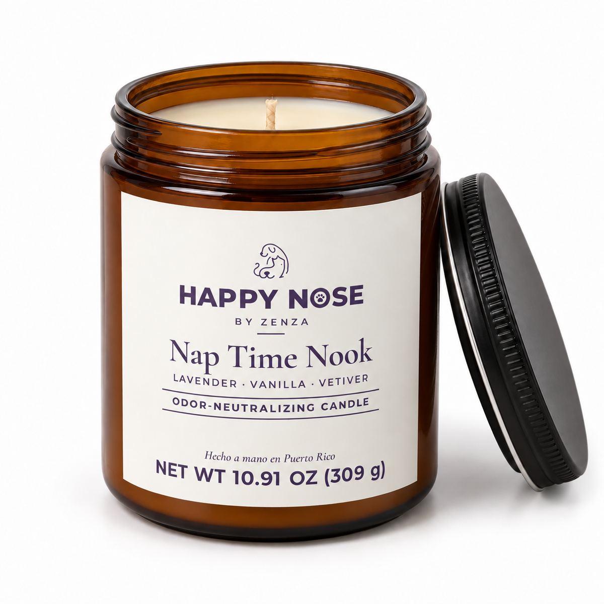 Vela Nap Time Nook de Happy Nose by ZENZA abierta con la tapa al lado