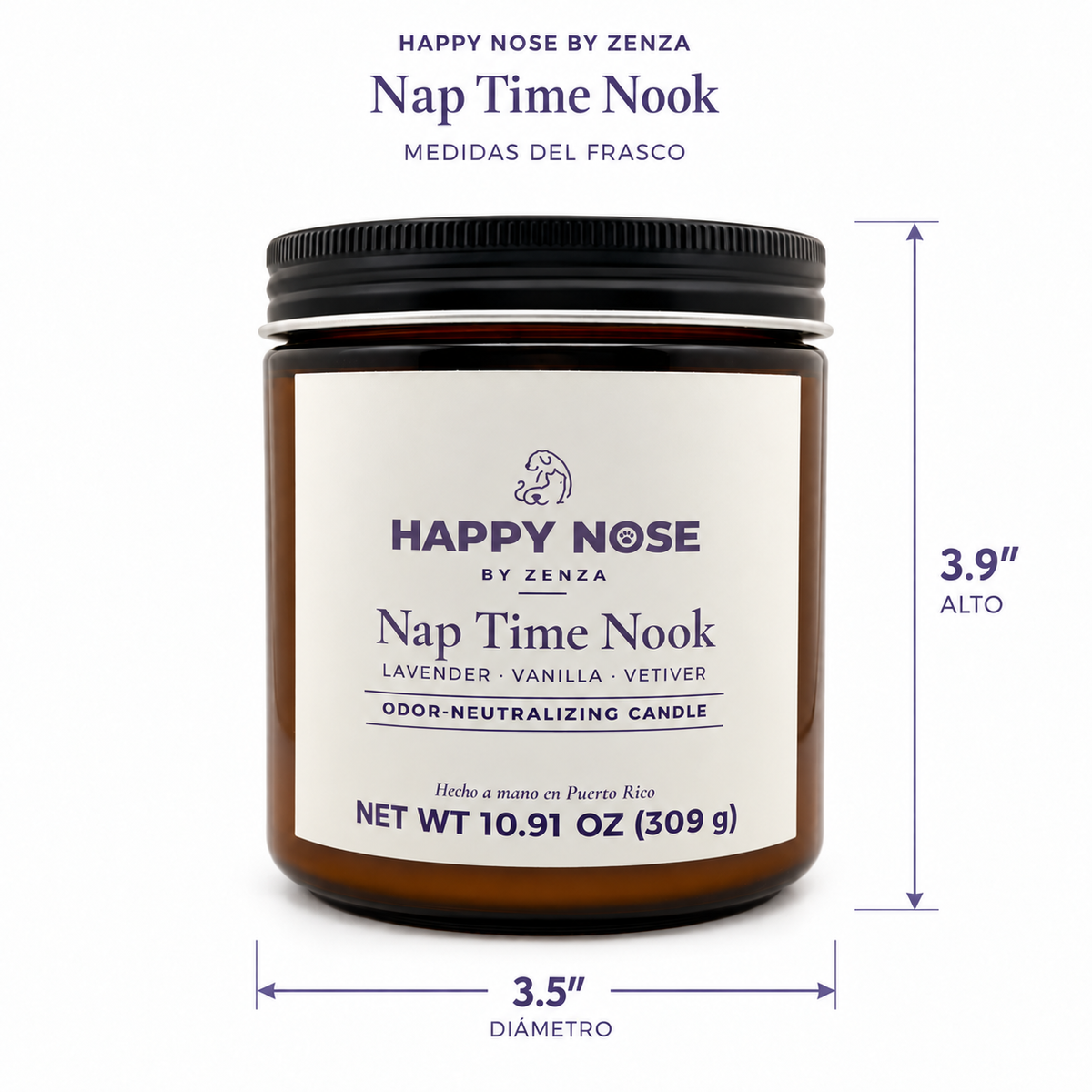 Medidas de la vela Nap Time Nook de Happy Nose: 3.9 in de alto y 3.5 in de diámetro