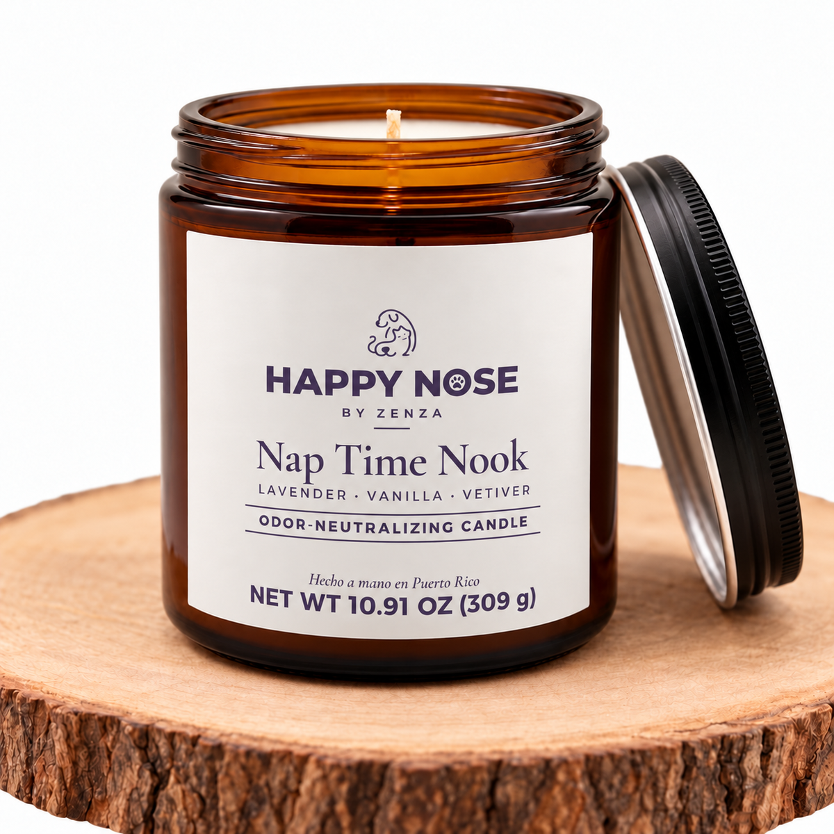 Vela Nap Time Nook de Happy Nose by ZENZA abierta sobre una base de madera