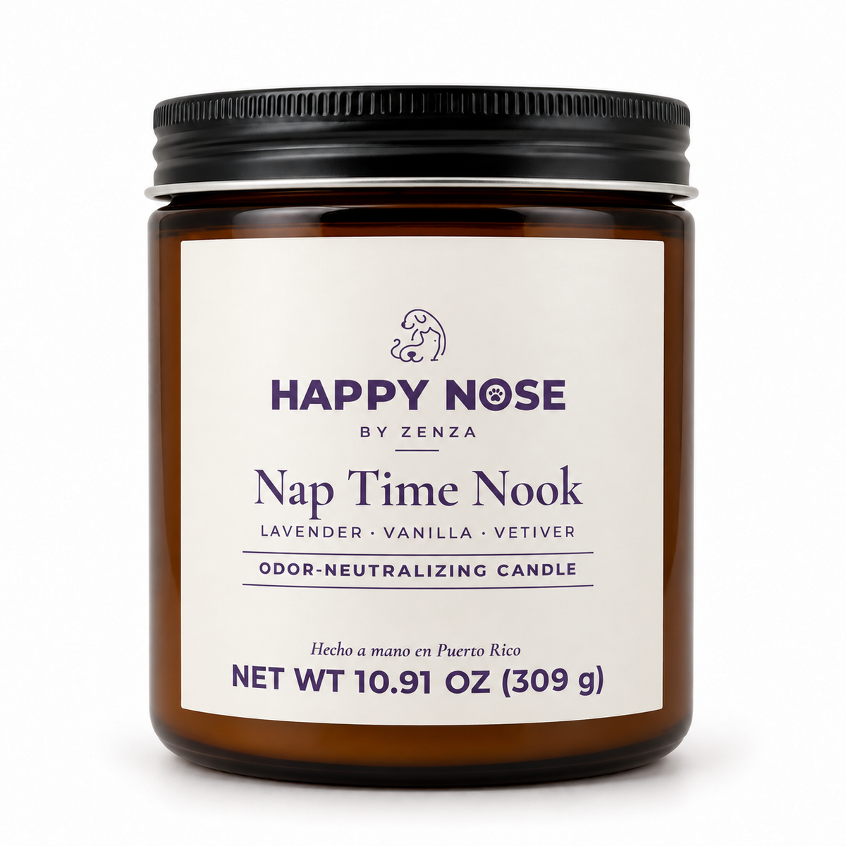 Vela Nap Time Nook de Happy Nose by ZENZA de lavanda, vainilla y vetiver en frasco ámbar
