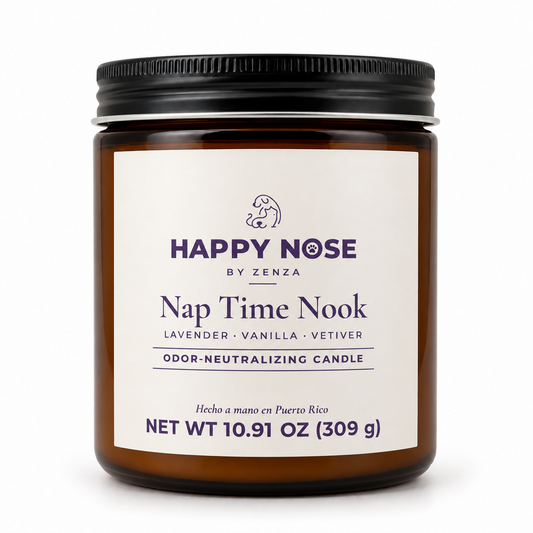 Vela Nap Time Nook de Happy Nose by ZENZA de lavanda, vainilla y vetiver en frasco ámbar