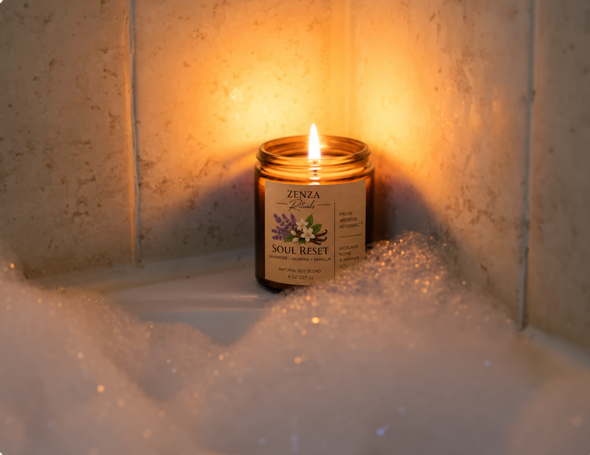 Vela Soul Reset de ZENZA encendida junto a una bañera con espuma