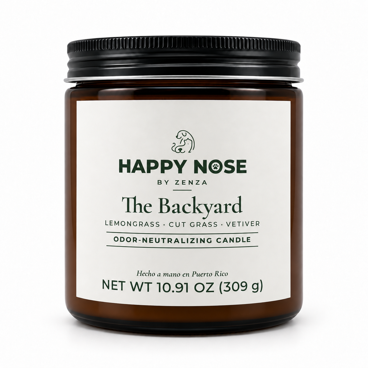 Vela The Backyard de Happy Nose by ZENZA de lemongrass, grama y vetiver en frasco ámbar