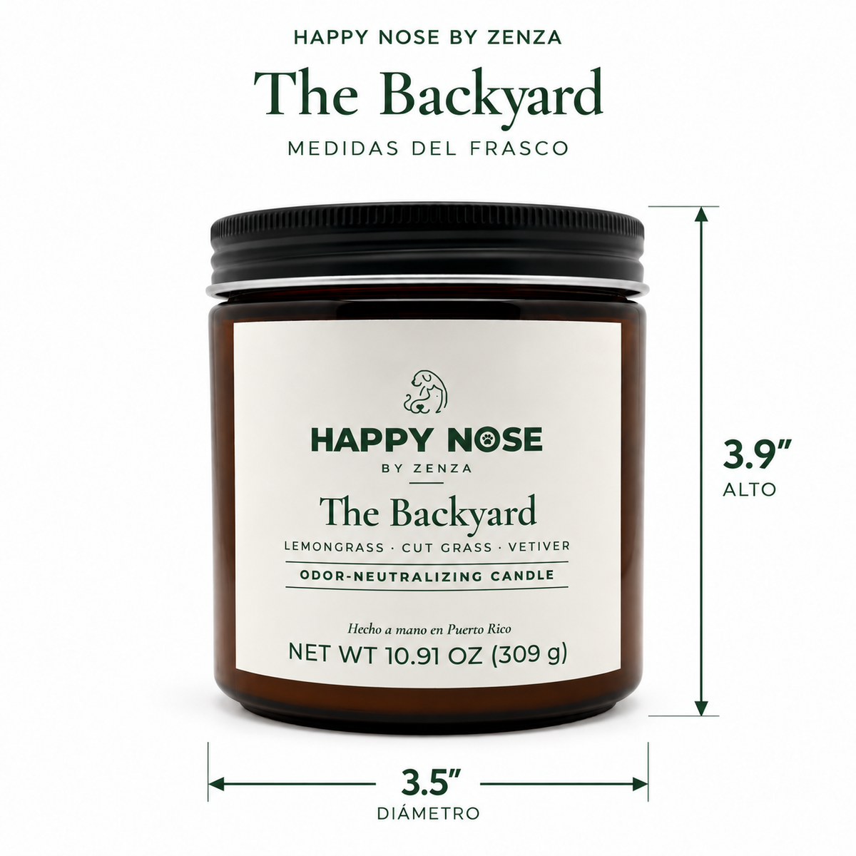 Medidas de la vela The Backyard de Happy Nose: 3.9 in de alto y 3.5 in de diámetro