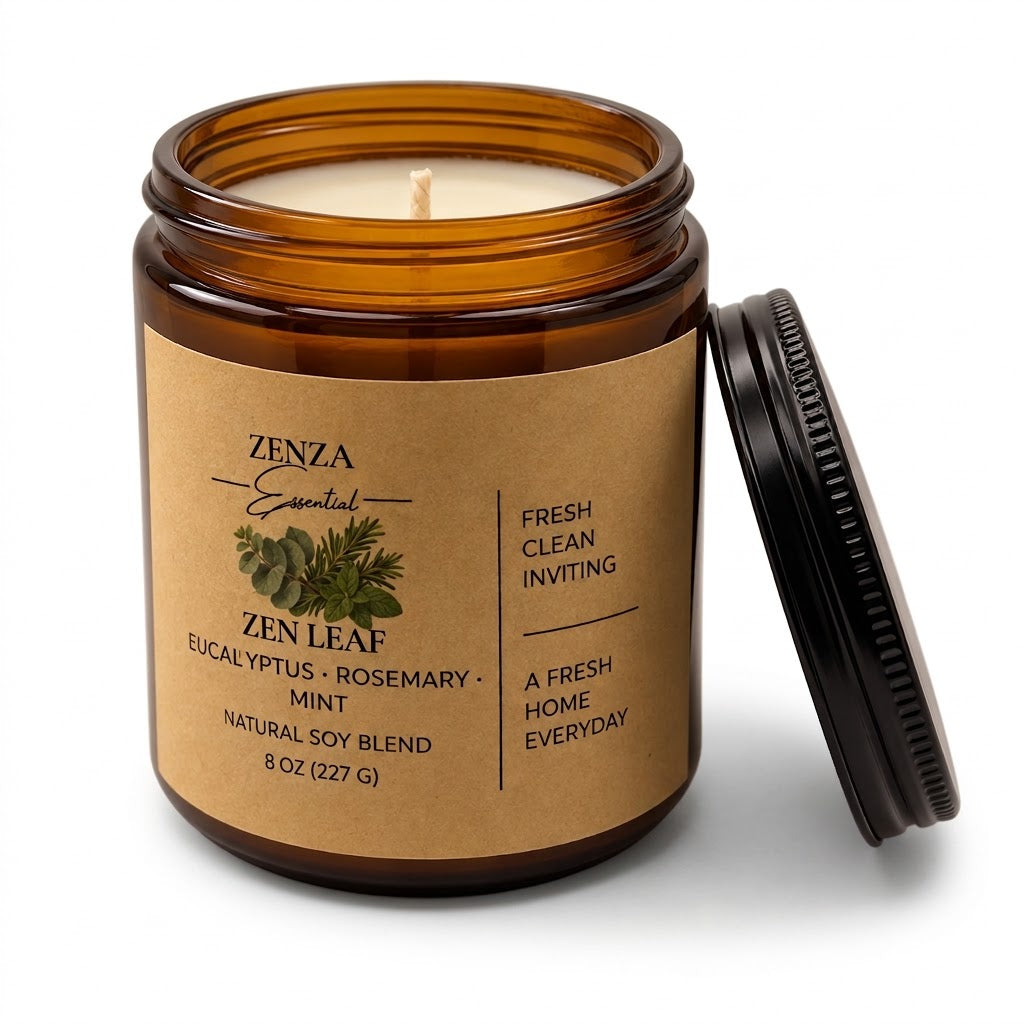 Vela Zen Leaf de ZENZA abierta con la tapa negra al lado