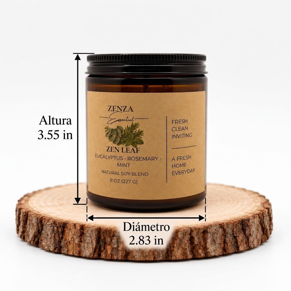 Medidas de la vela Zen Leaf de ZENZA: 3.55 in de alto y 2.83 in de diámetro