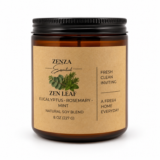 Vela Zen Leaf de ZENZA de eucalipto, romero y menta en frasco ámbar con etiqueta kraft