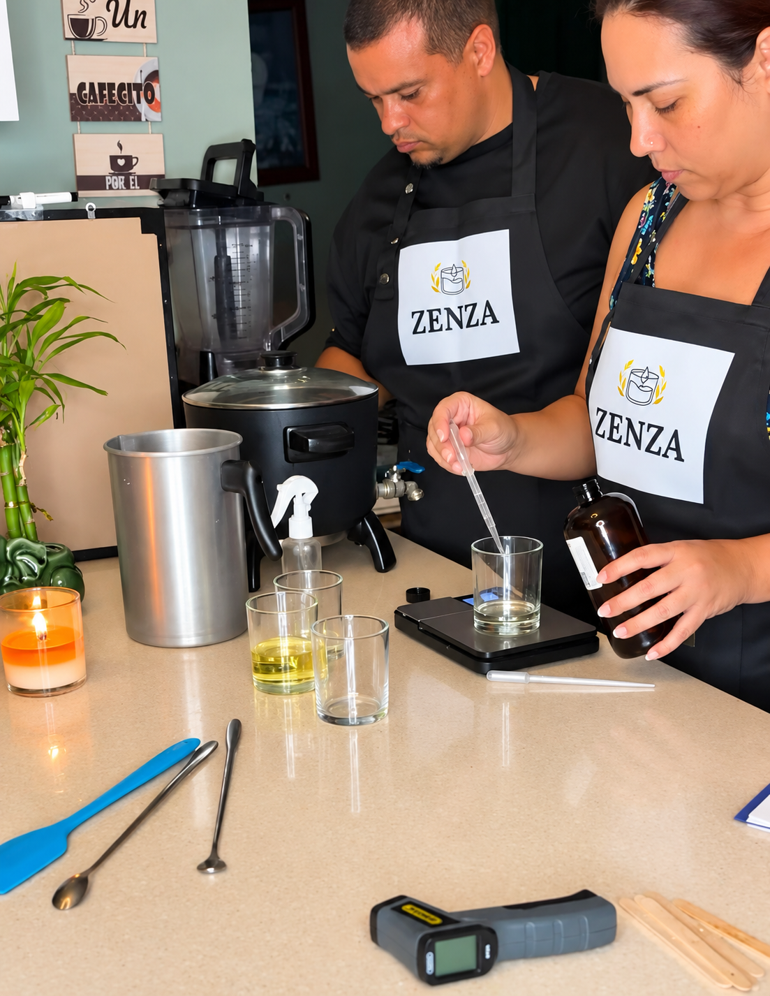 Fundadores de ZENZA preparando velas artesanales en su taller en Puerto Rico